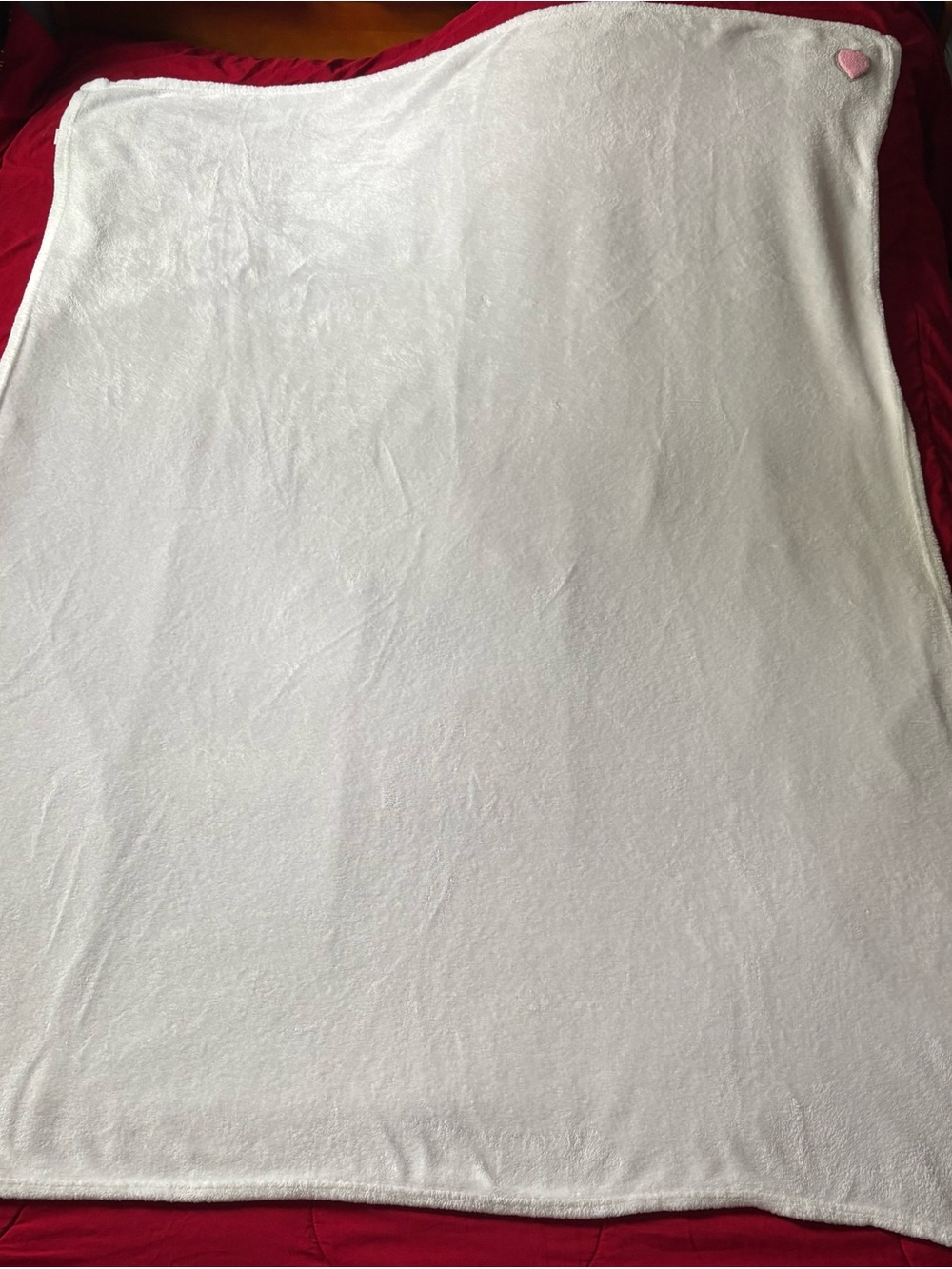 White Plush Fleece Throw Blanket with Pink Heart Accent